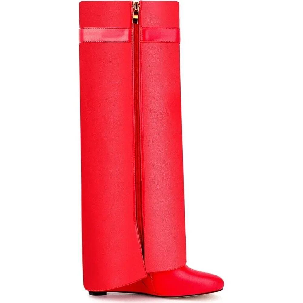 Women Faux Leather Red Pull-on Wedge Heel Knee Shark Padlock Design Boot
